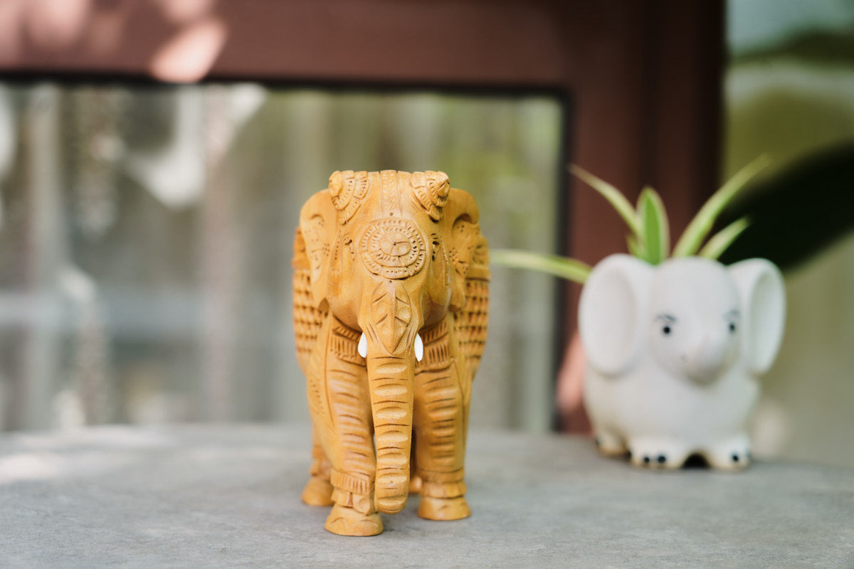 Handmade Wooden Elephant, 6", Trunk Down with Jaali Carving