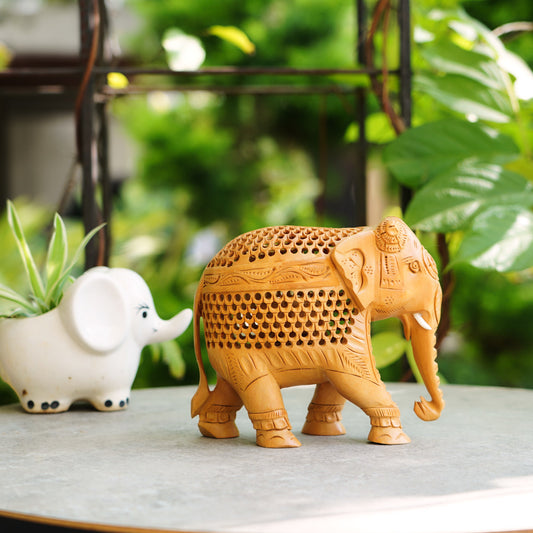 Handmade Wooden Elephant, 6", Trunk Down with Jaali Carving