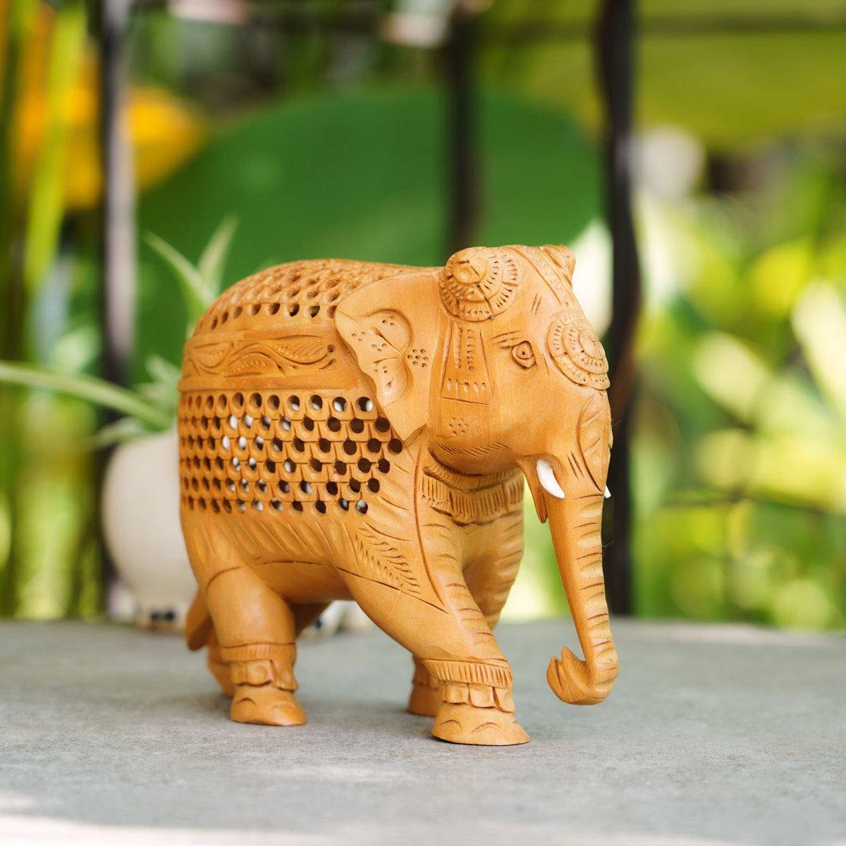 Handmade Wooden Elephant, 6", Trunk Down with Jaali Carving