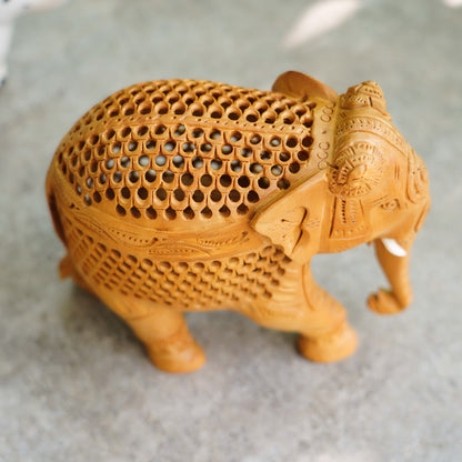 Handmade Wooden Elephant, 6", Trunk Down with Jaali Carving