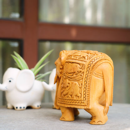 Handmade Wooden Elephant, 6", Trunk Down with Shikari Carving