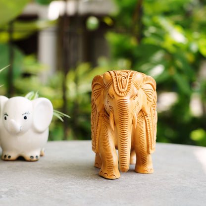 Handmade Wooden Elephant, 6", Trunk Down with Shikari Carving