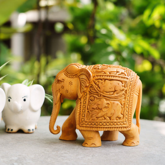 Handmade Wooden Elephant, 6", Trunk Down with Shikari Carving