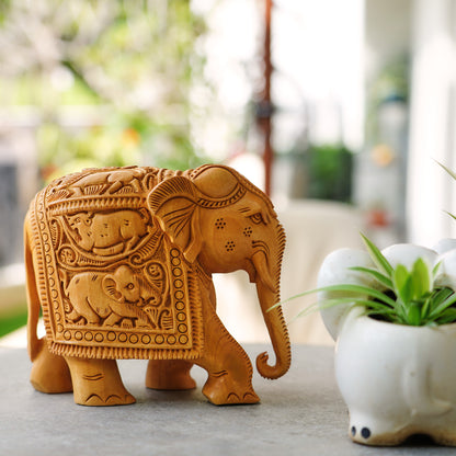 Handmade Wooden Elephant, 6", Trunk Down with Shikari Carving