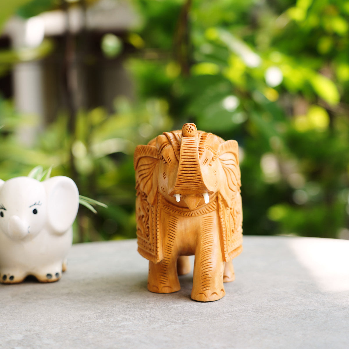 Handmade Wooden Elephant, 6", Trunk Up with Shikari Carving