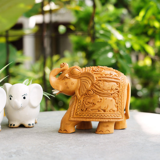Handmade Wooden Elephant, 6", Trunk Up with Shikari Carving