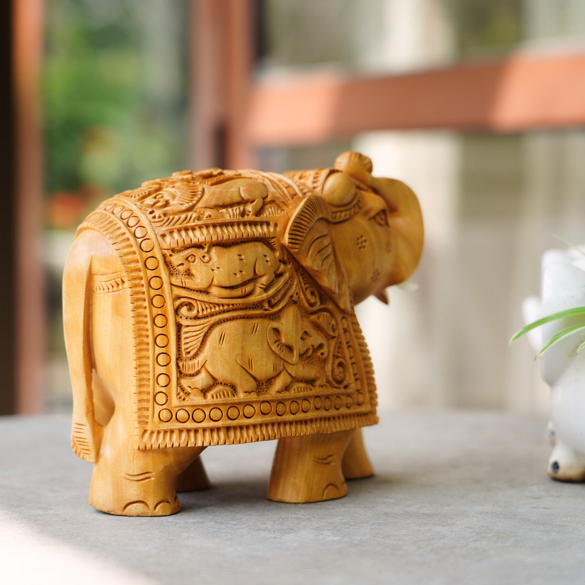 Handmade Wooden Elephant, 6", Trunk Up with Shikari Carving