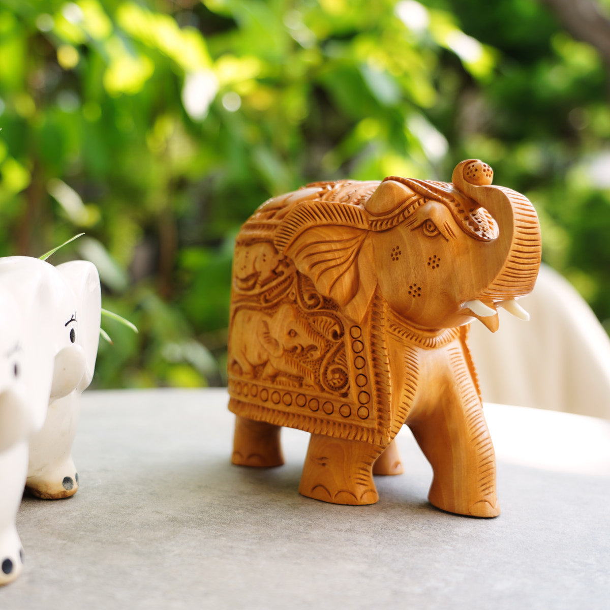 Handmade Wooden Elephant, 6", Trunk Up with Shikari Carving