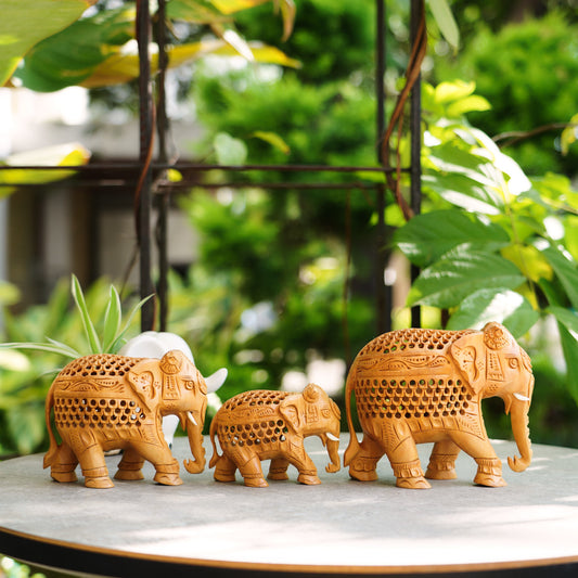 Handmade Wooden Elephant Family Set, 5",4",3" Trunk Down with Jaali Carving
