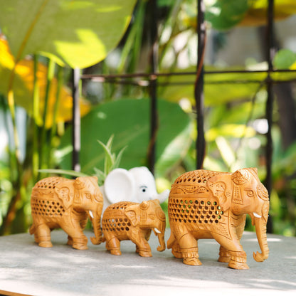 Handmade Wooden Elephant Family Set, 5",4",3" Trunk Down with Jaali Carving