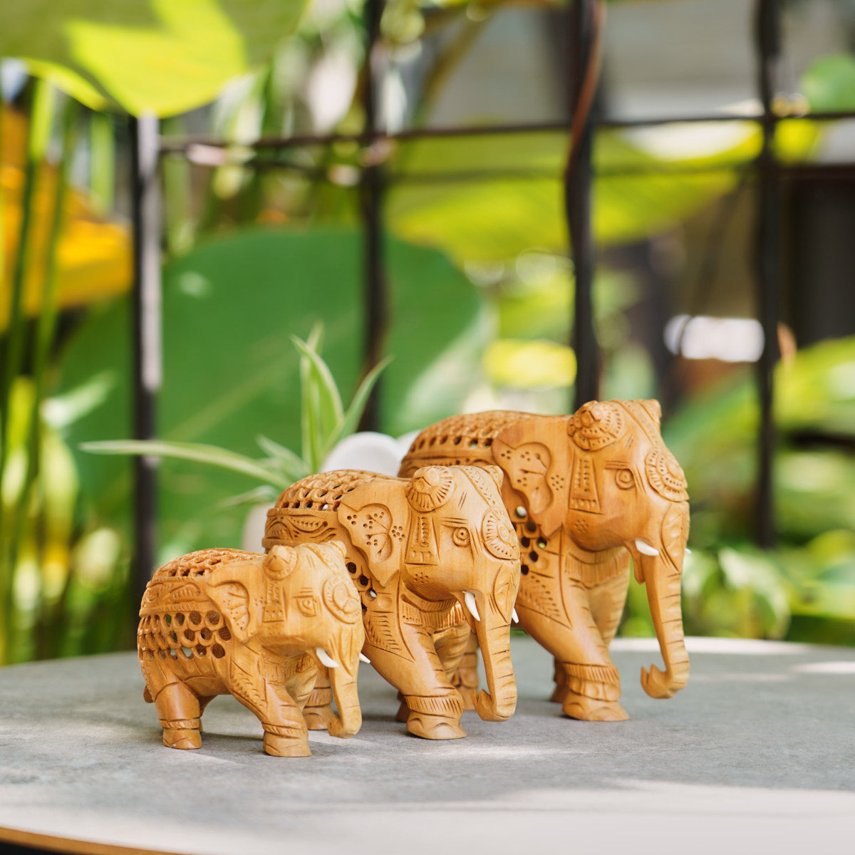 Handmade Wooden Elephant Family Set, 5",4",3" Trunk Down with Jaali Carving