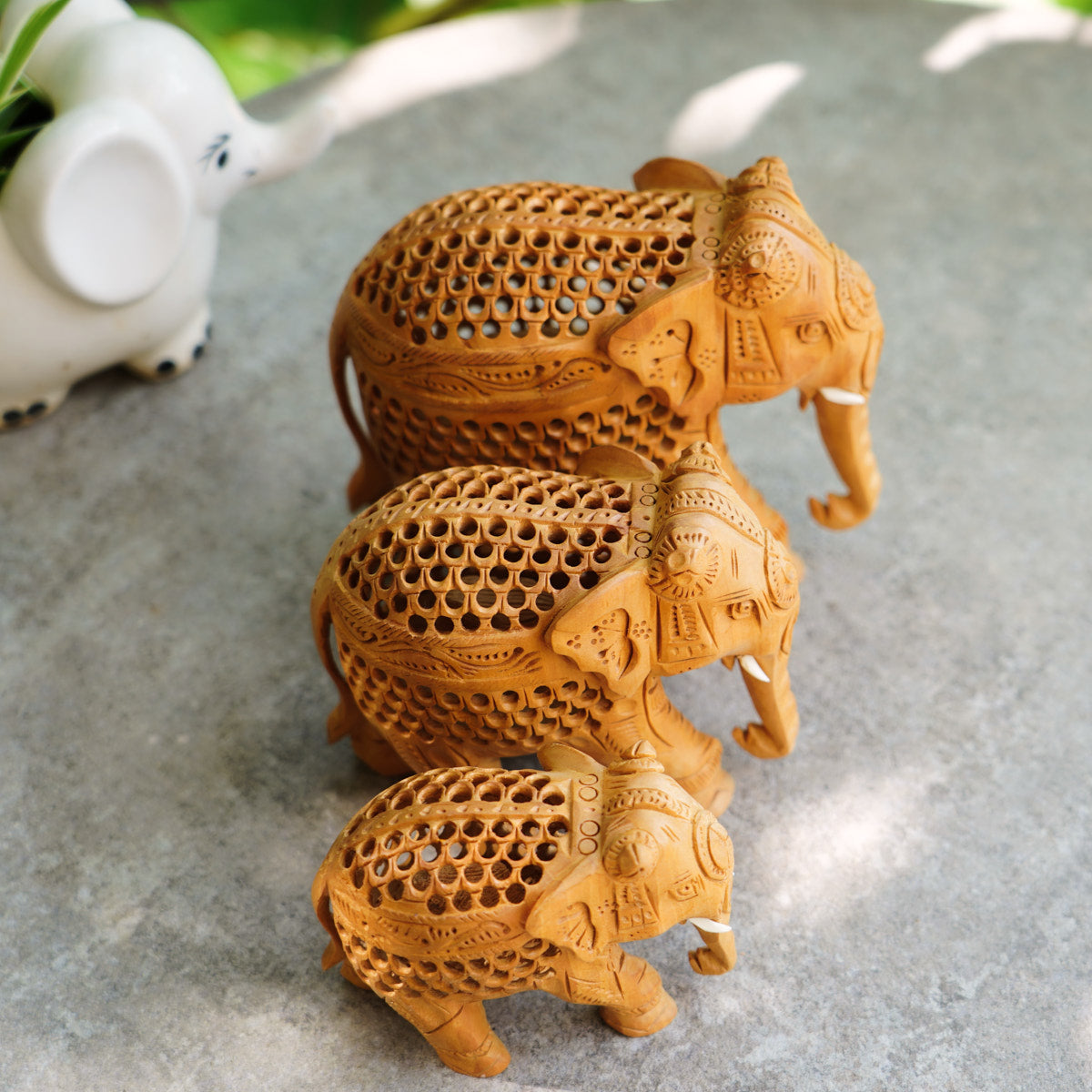 Handmade Wooden Elephant Family Set, 5",4",3" Trunk Down with Jaali Carving