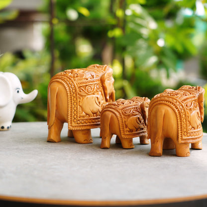 Handmade Wooden Elephant Family Set, 5",4",3" Trunk Down with Shikar Carving