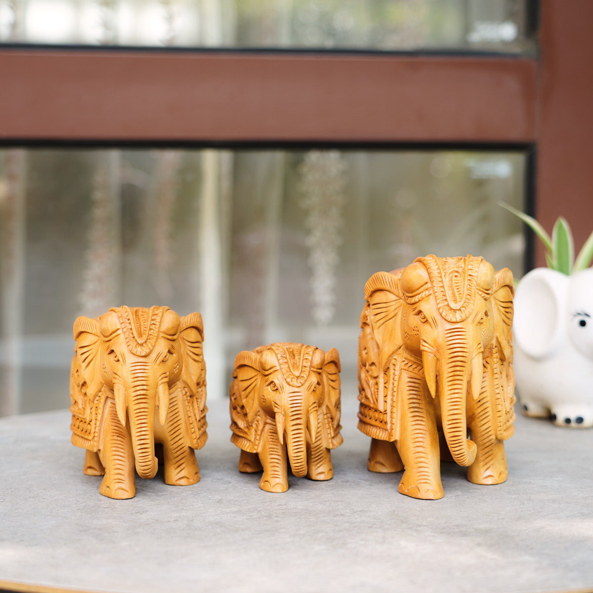 Handmade Wooden Elephant Family Set, 5",4",3" Trunk Down with Shikar Carving