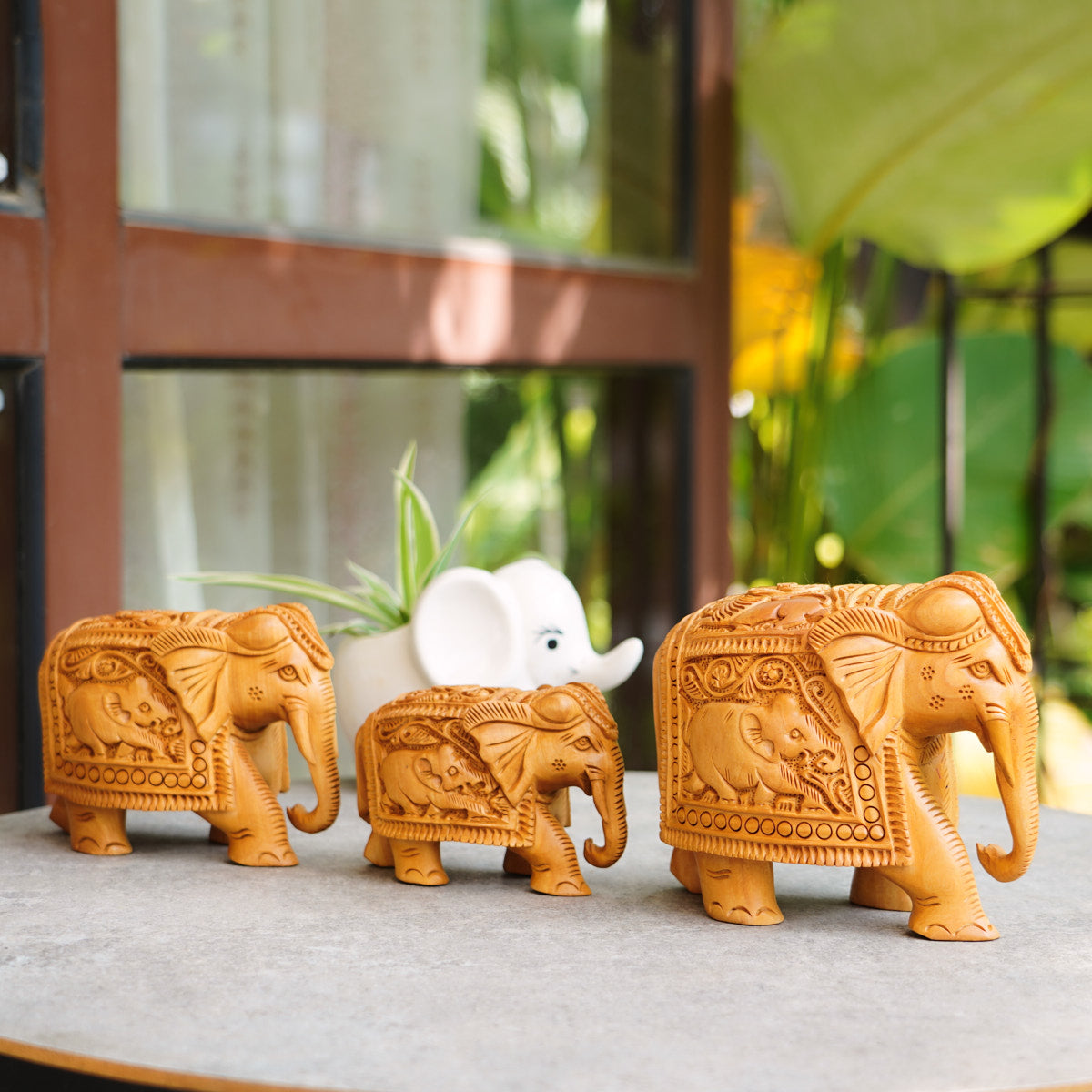 Handmade Wooden Elephant Family Set, 5",4",3" Trunk Down with Shikar Carving