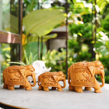 Handmade Wooden Elephant Family Set, 5",4",3" Trunk Down with Shikar Carving