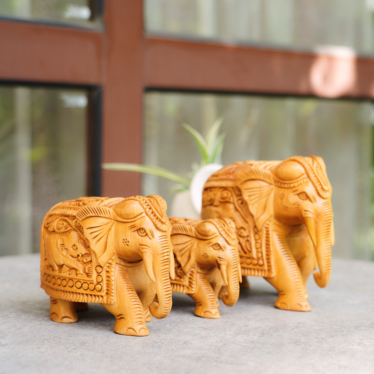 Handmade Wooden Elephant Family Set, 5",4",3" Trunk Down with Shikar Carving