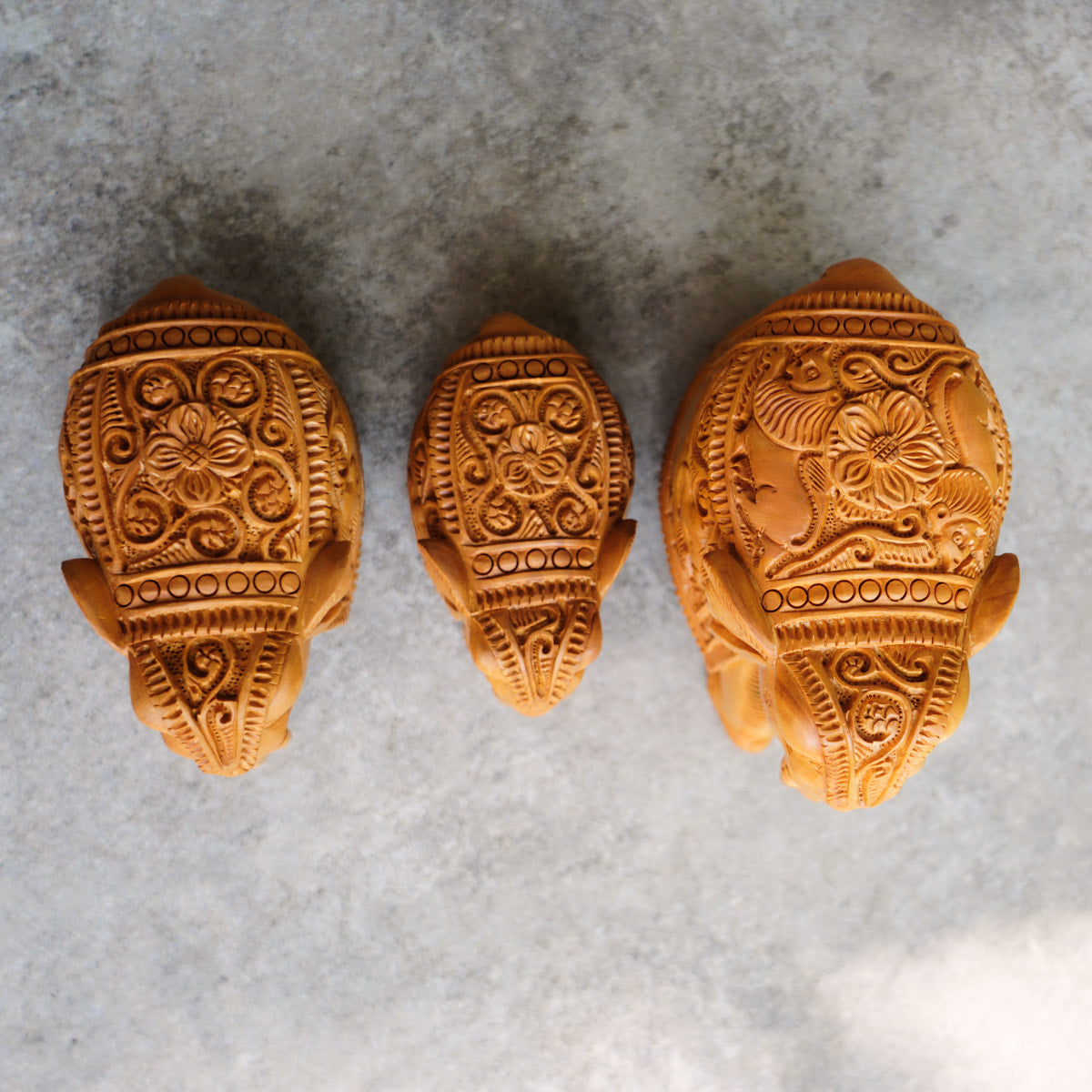 Handmade Wooden Elephant Family Set, 5",4",3" Trunk Down with Shikar Carving