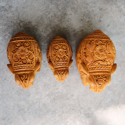 Handmade Wooden Elephant Family Set, 5",4",3" Trunk Down with Shikar Carving