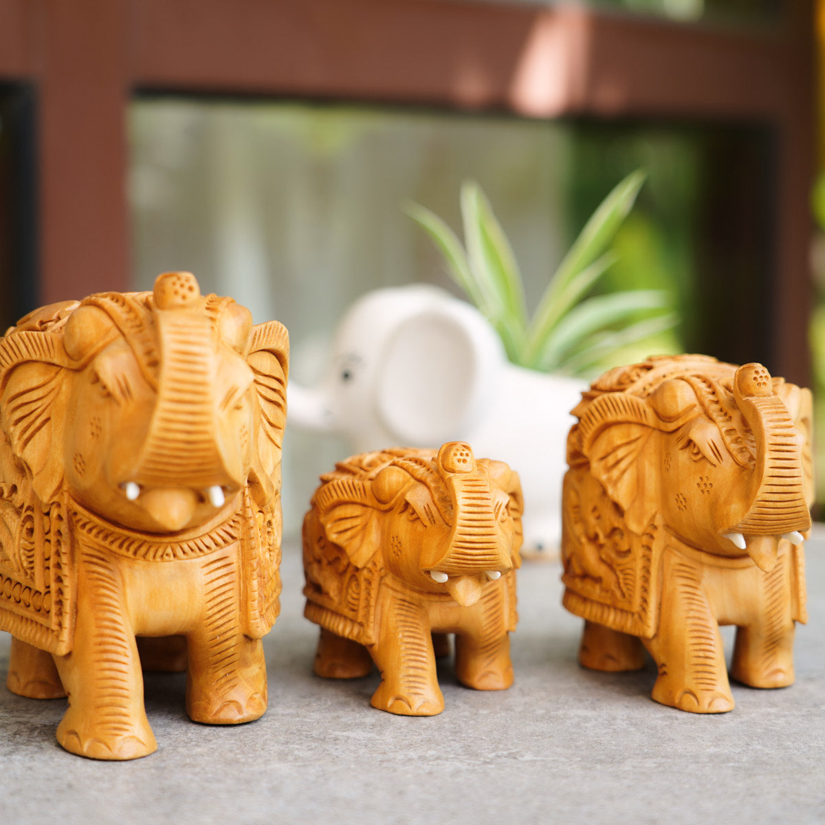 Handmade Wooden Elephant Family Set, 5",4",3" Trunk Up with Shikar Carving
