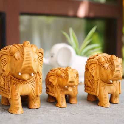 Handmade Wooden Elephant Family Set, 5",4",3" Trunk Up with Shikar Carving
