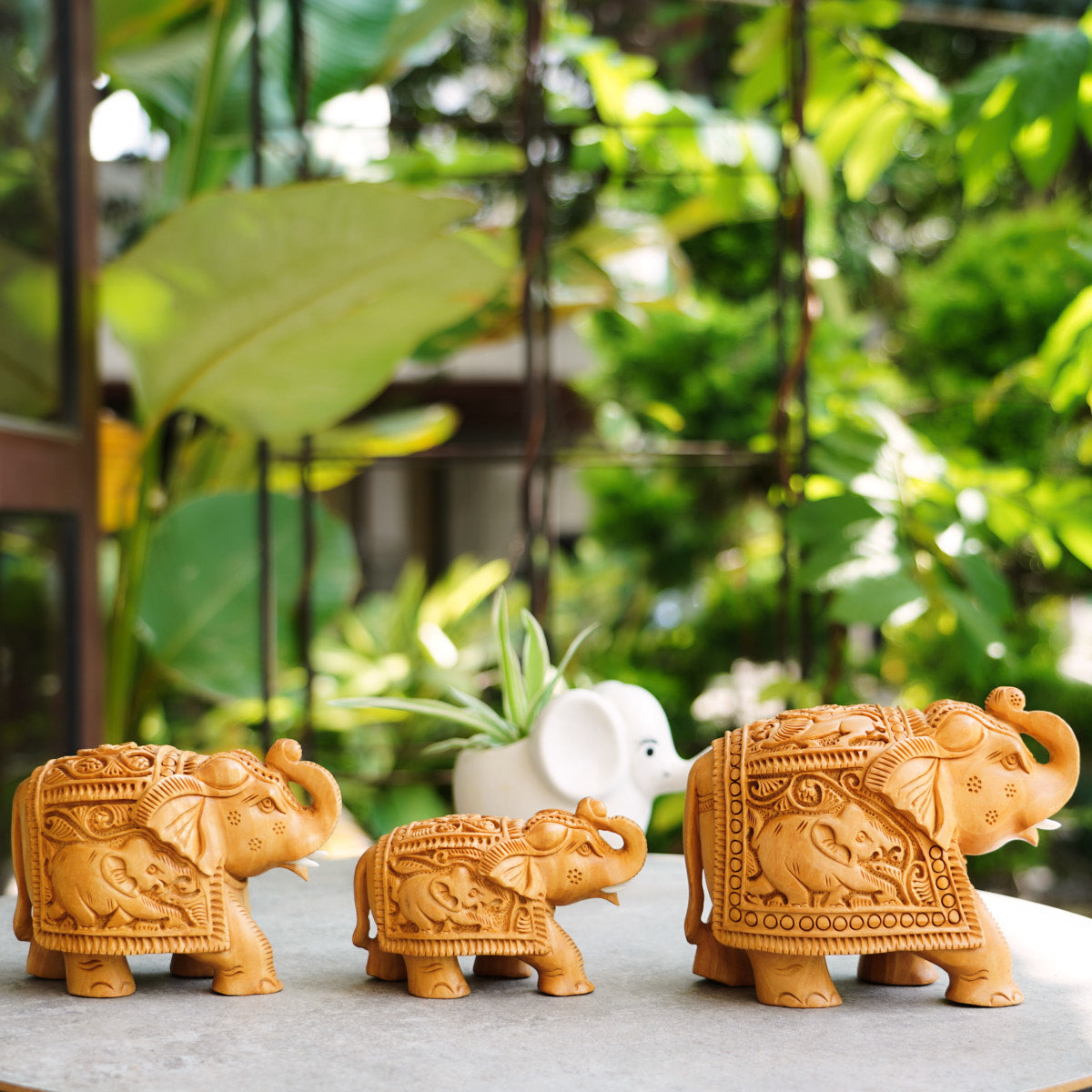 Handmade Wooden Elephant Family Set, 5",4",3" Trunk Up with Shikar Carving