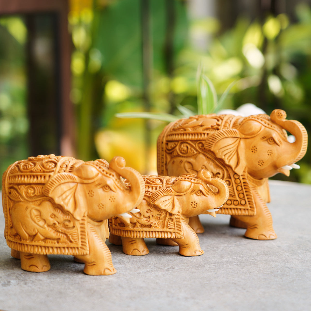Handmade Wooden Elephant Family Set, 5",4",3" Trunk Up with Shikar Carving