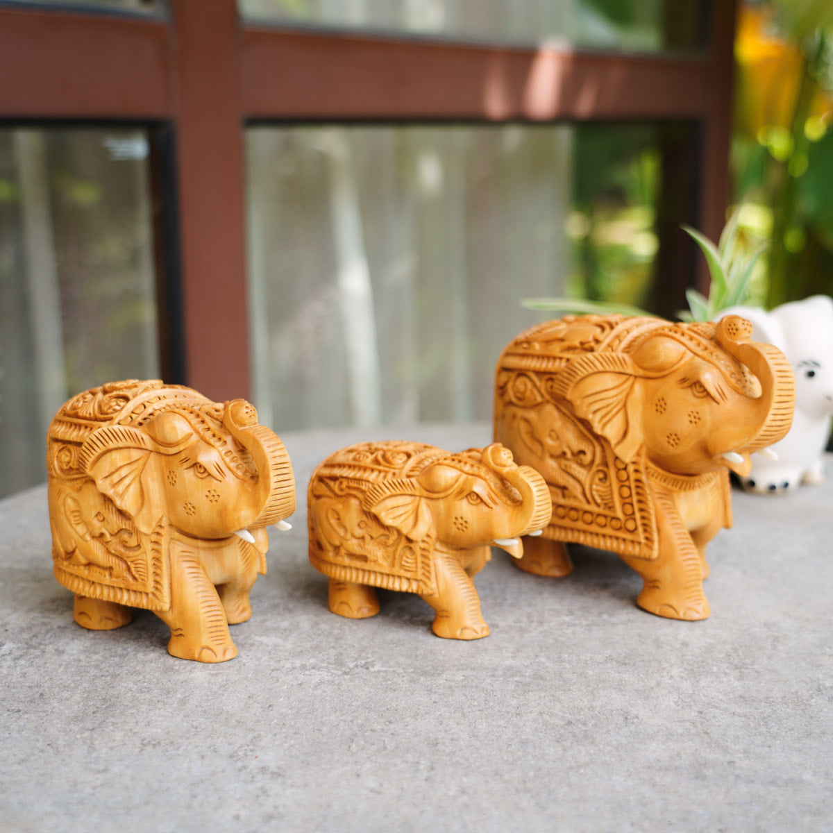 Handmade Wooden Elephant Family Set, 5",4",3" Trunk Up with Shikar Carving