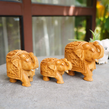 Handmade Wooden Elephant Family Set, 5",4",3" Trunk Up with Shikar Carving