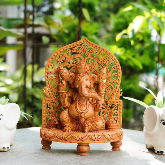 Handmade Wooden Ganesha Idol, 10", with Intricate Jali Pattern