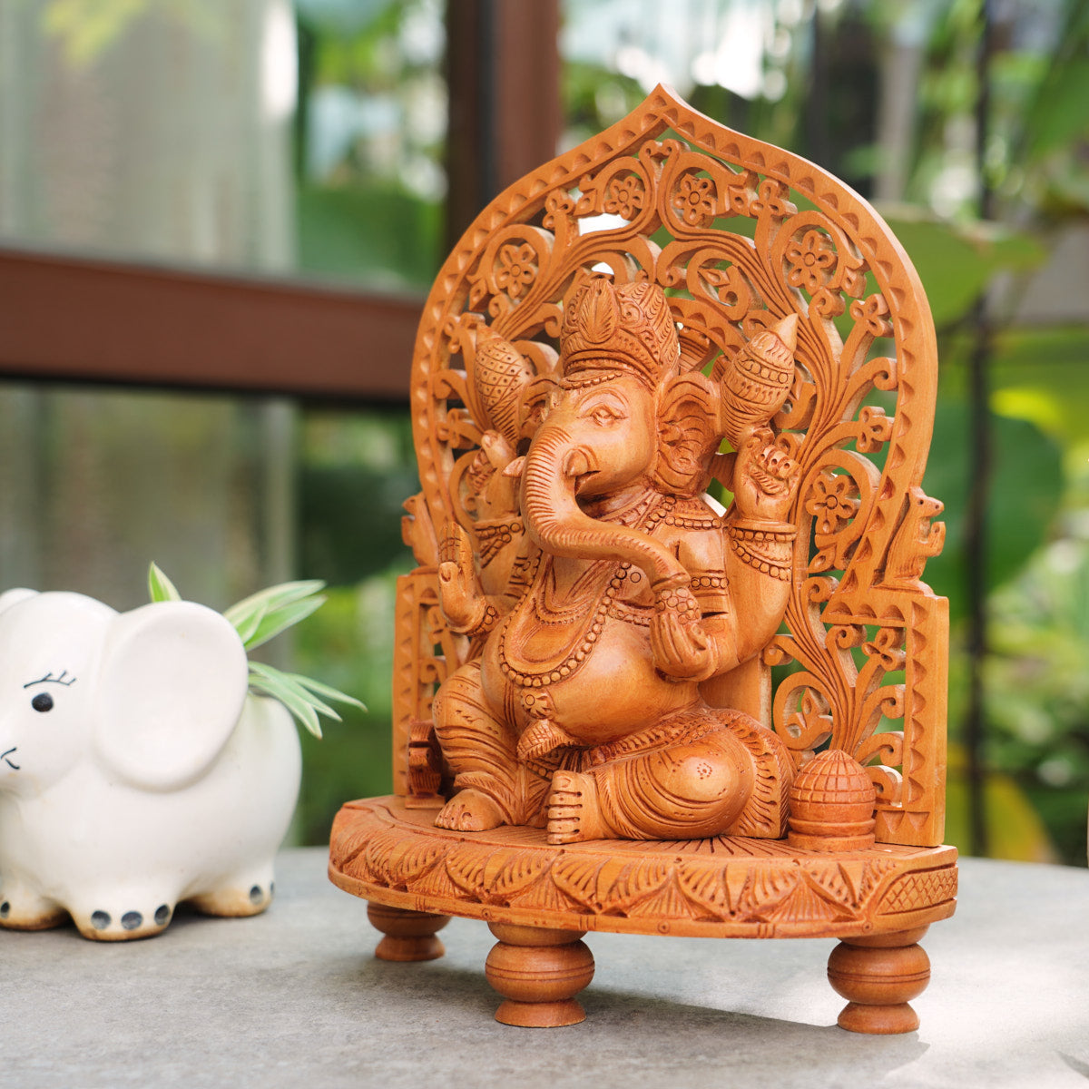 Handmade Wooden Ganesha Idol, 10", with Intricate Jali Pattern