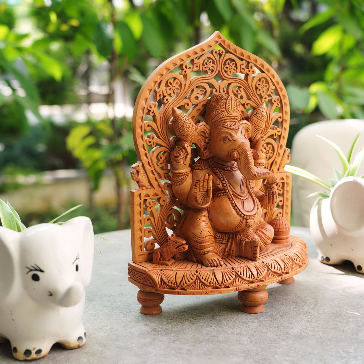 Handmade Wooden Ganesha Idol, 10", with Intricate Jali Pattern