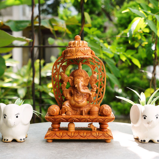 Handmade Wooden Ganesha Idol, 12", with Chatra