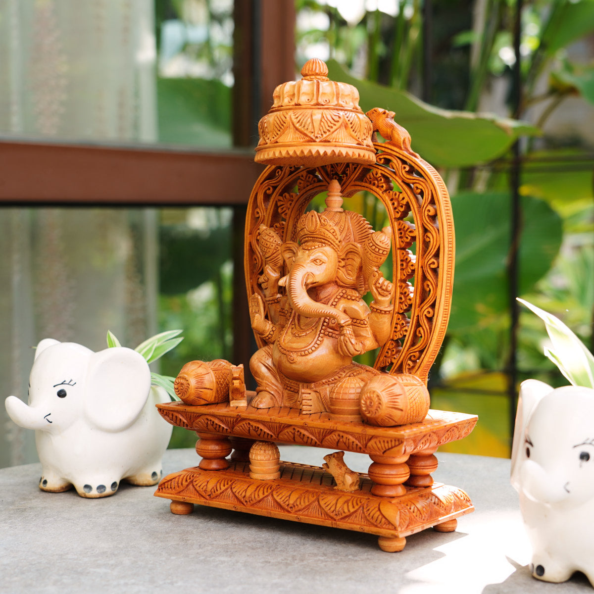 Handmade Wooden Ganesha Idol, 12", with Chatra
