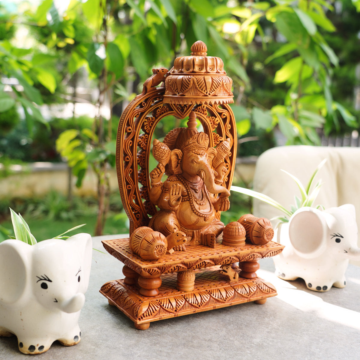 Handmade Wooden Ganesha Idol, 12", with Chatra