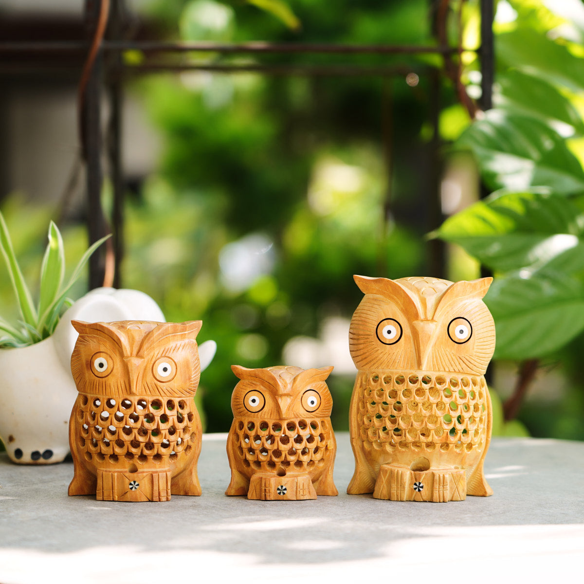 Handmade Wooden Owl Family Set, 5",4",3" with Jaali Carving