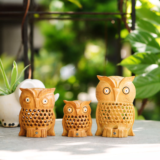 Handmade Wooden Owl Family Set, 5",4",3" with Jaali Carving