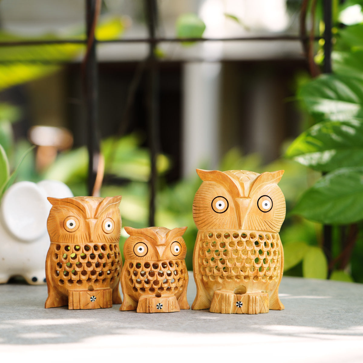 Handmade Wooden Owl Family Set, 5",4",3" with Jaali Carving