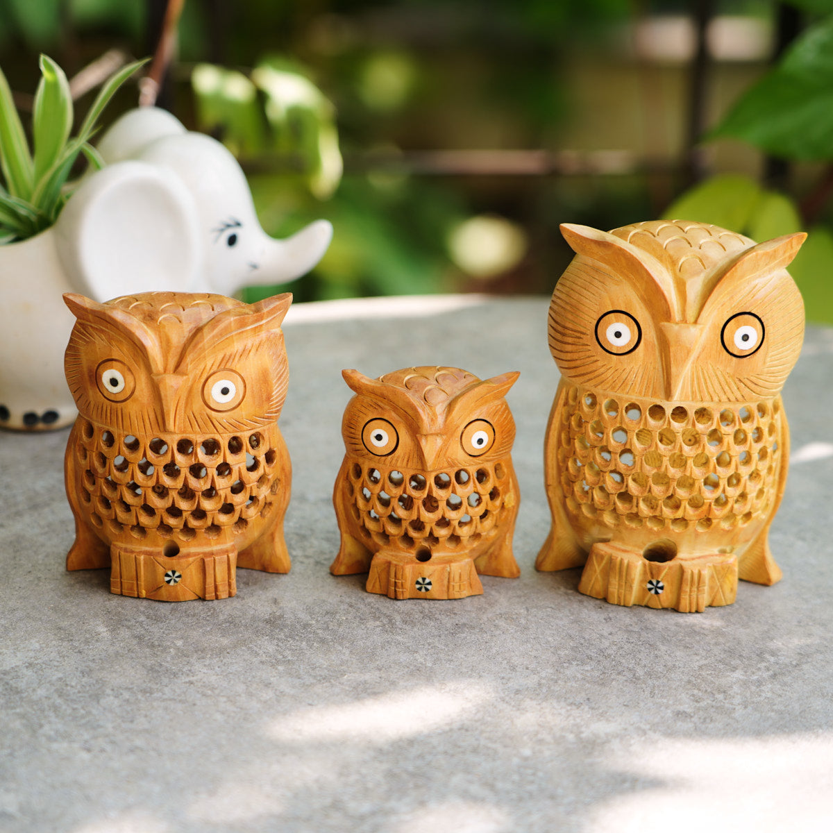 Handmade Wooden Owl Family Set, 5",4",3" with Jaali Carving
