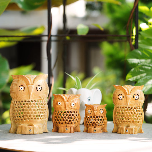 Handmade Wooden Owl Family Set, 6", 5",4",3" with Jaali Carving