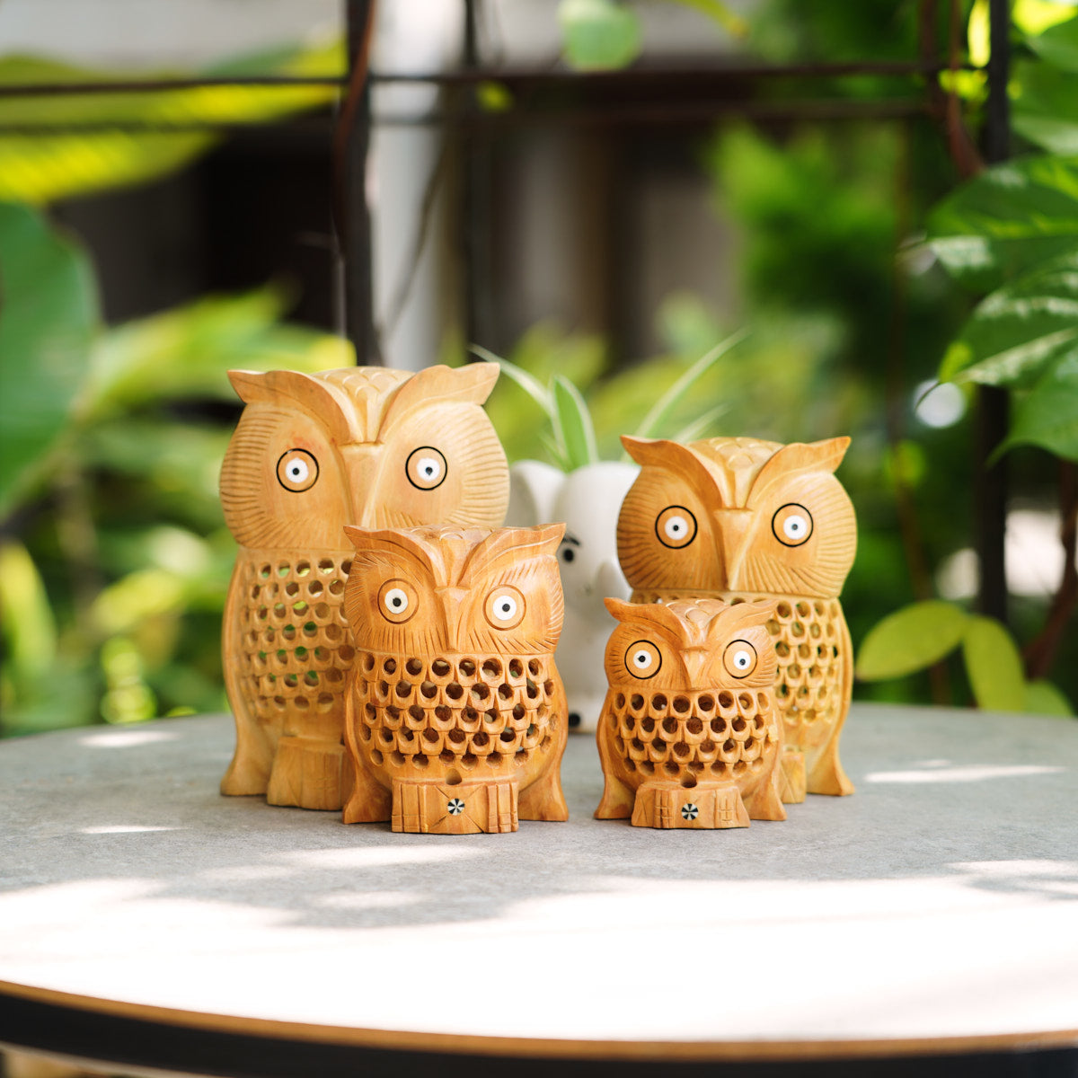 Handmade Wooden Owl Family Set, 6", 5",4",3" with Jaali Carving