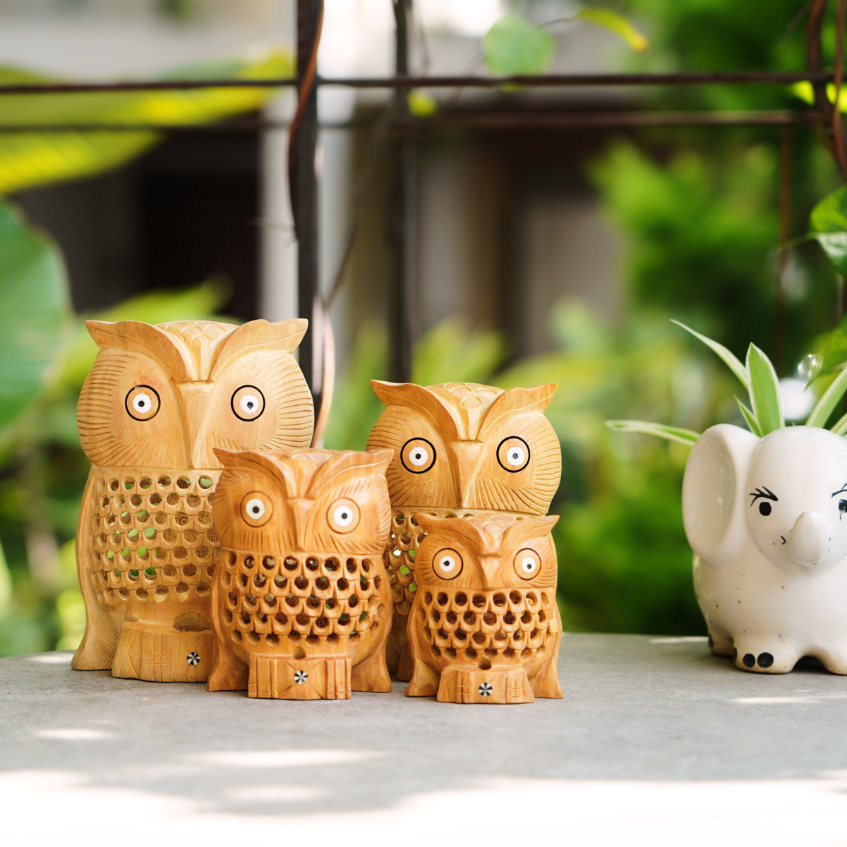 Handmade Wooden Owl Family Set, 6", 5",4",3" with Jaali Carving