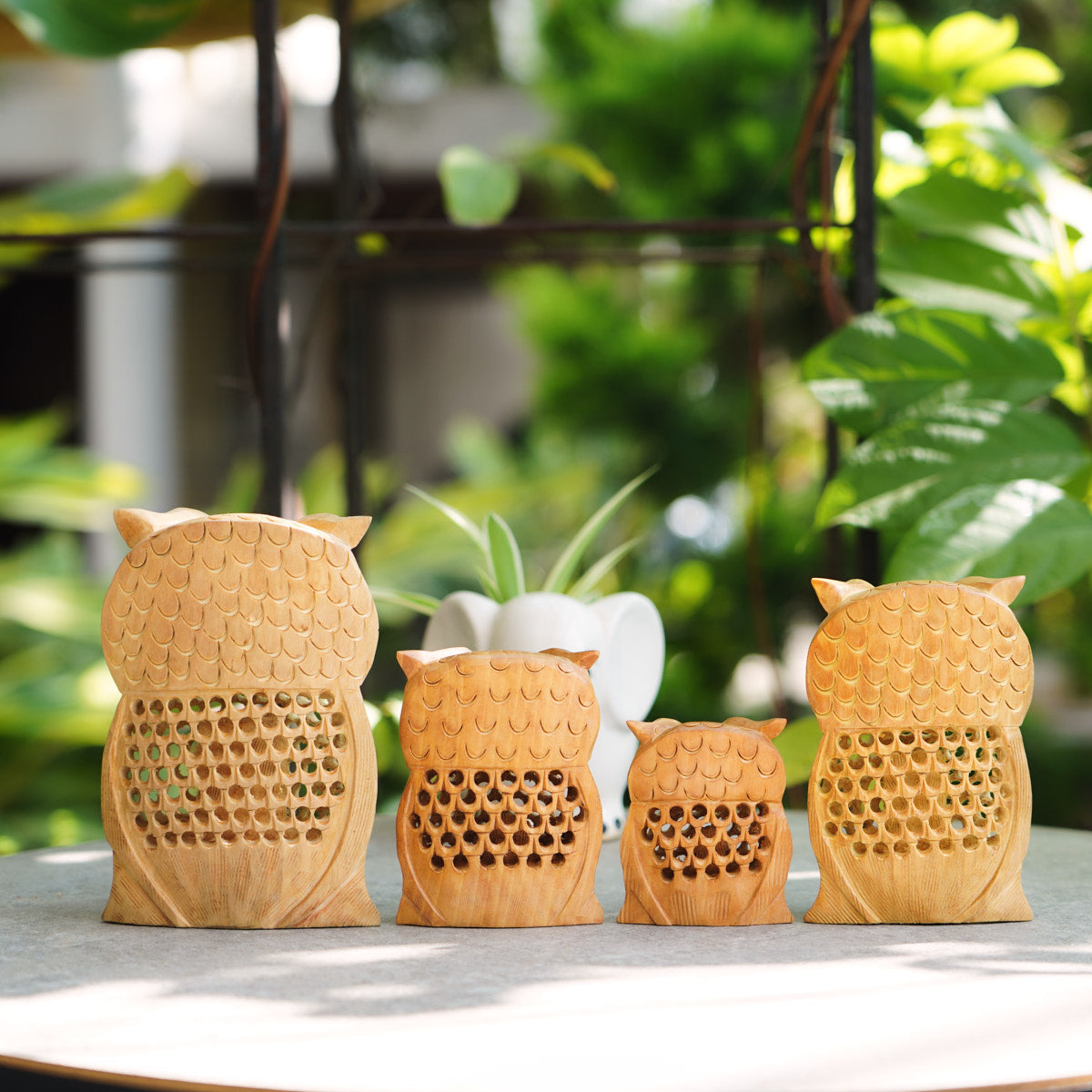 Handmade Wooden Owl Family Set, 6", 5",4",3" with Jaali Carving