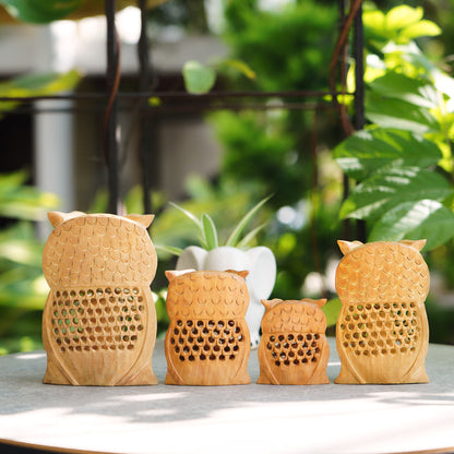 Handmade Wooden Owl Family Set, 6", 5",4",3" with Jaali Carving