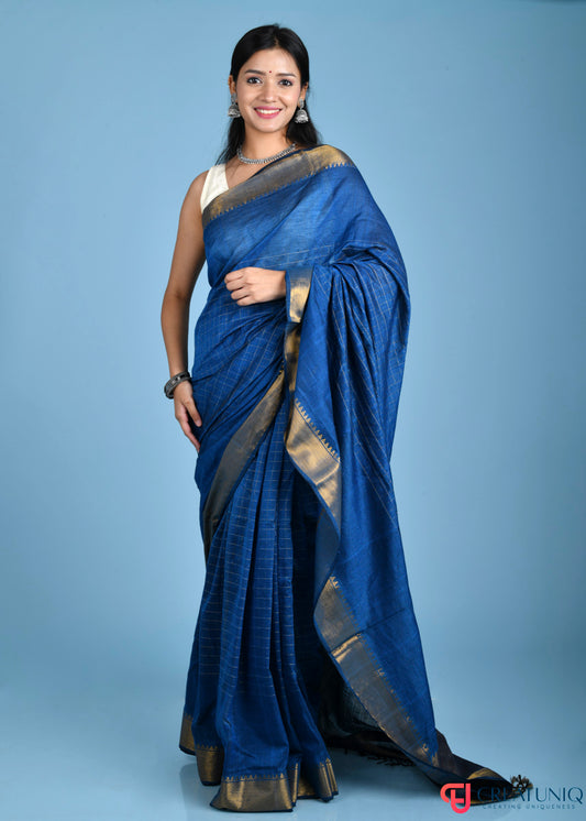 Handwoven Pure Cotton Saree with Regal Golden Zari and Checks - Blue