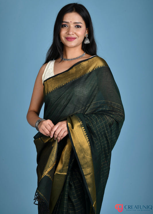 Handwoven Pure Cotton Saree with Regal Golden Zari and Checks - Green