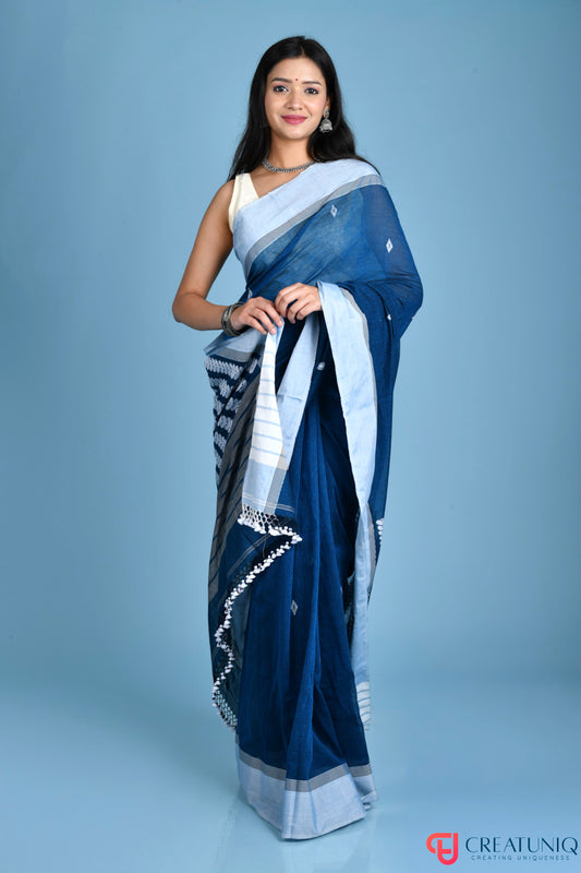 Handwoven Pure Cotton Saree with White Border and Blooming Floral Pallu - Blue
