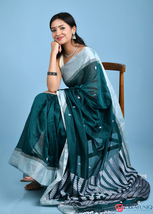 Handwoven Pure Cotton Saree with White Border and Blooming Floral Pallu - Green