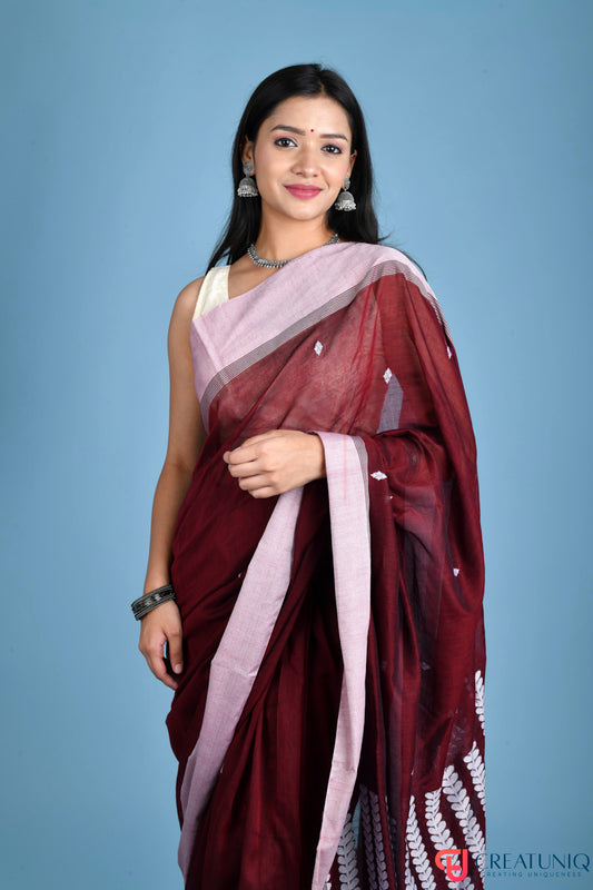 Handwoven Pure Cotton Saree with White Border and Blooming Floral Pallu - Maroon