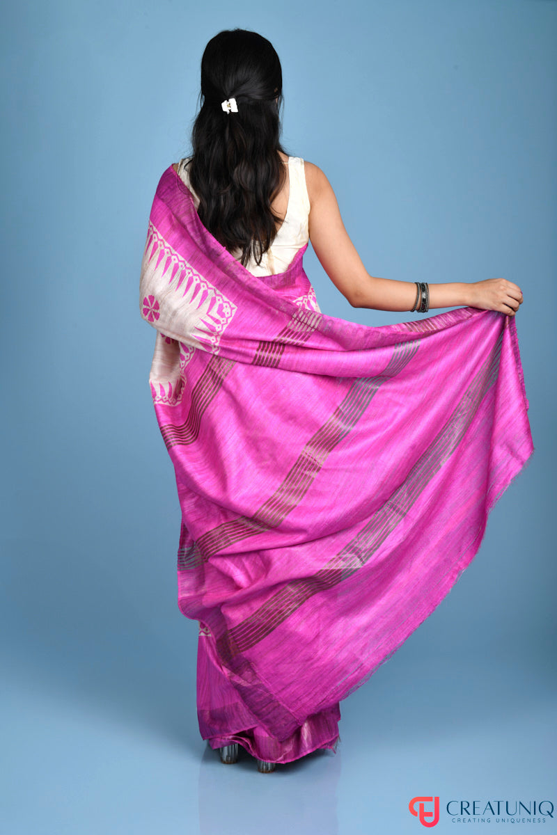 Handwoven Pure Silk Saree Adorned with Floral Motifs - Pink